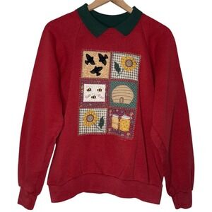 Vintage Valorie's Patchwork Folk Art Applique‎ Sweater Collared Sweatshirt Large